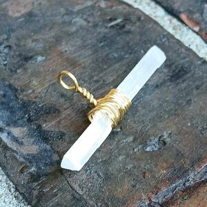 Minimalist Dainty Raw Selenite Crystal Pendant, Gold Wire Wrapped